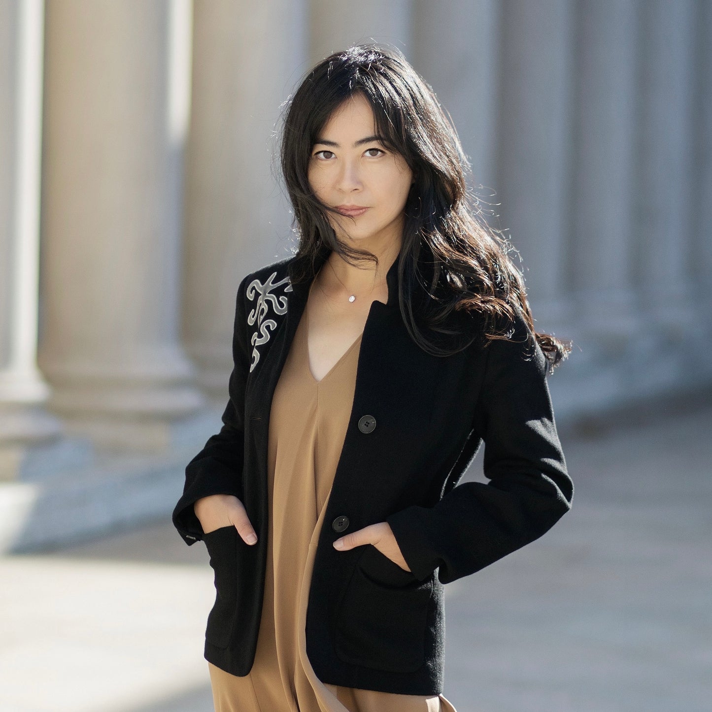 Mandarin Collar Utility Wool Blazer with Signature Embroidery