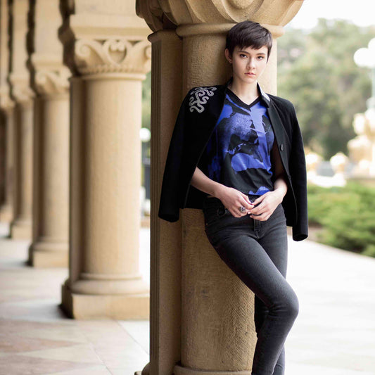 Mandarin Collar Utility Wool Blazer with Signature Embroidery